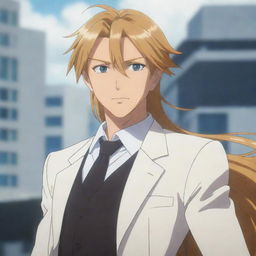 An anime protagonist with lustrous, golden hair standing confidently