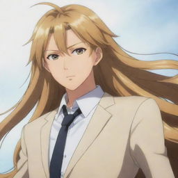 An anime protagonist with lustrous, golden hair standing confidently