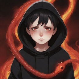 Anime little boy with piercing red eyes, wearing a black hoodie, holding a red snake, standing amidst an intense fiery field.