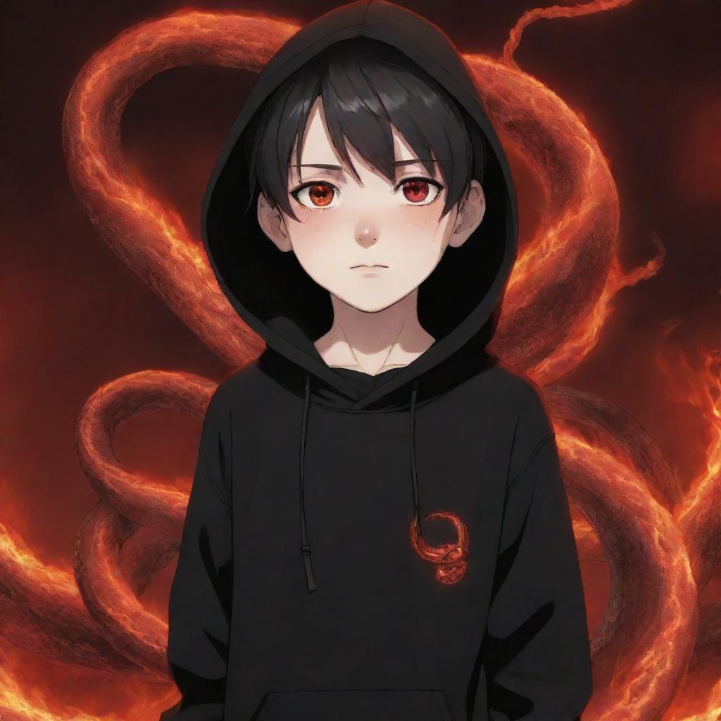 Anime little boy with piercing red eyes, wearing a black hoodie, holding a red snake, standing amidst an intense fiery field.