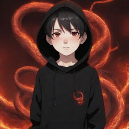 Anime little boy with piercing red eyes, wearing a black hoodie, holding a red snake, standing amidst an intense fiery field.