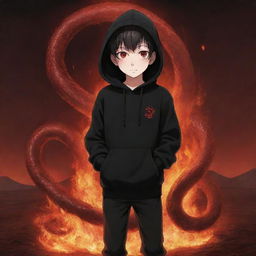 Anime little boy with piercing red eyes, wearing a black hoodie, holding a red snake, standing amidst an intense fiery field.