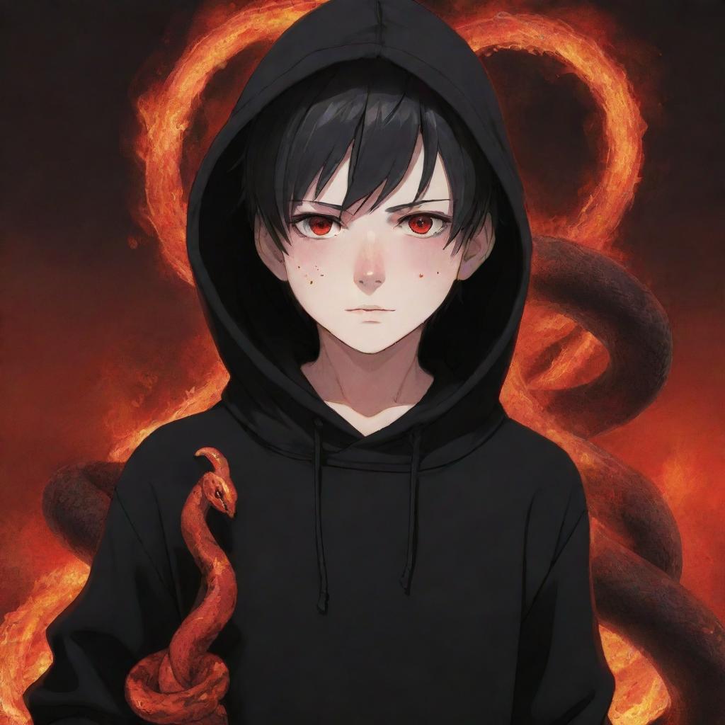 Anime little boy with piercing red eyes, wearing a black hoodie, holding a red snake, standing amidst an intense fiery field.