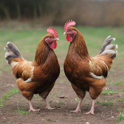 Two hens engaged in a spirited battle, their feathers fluffed, squawking loudly, expressing dominance in an energetic and detailed rural setting.