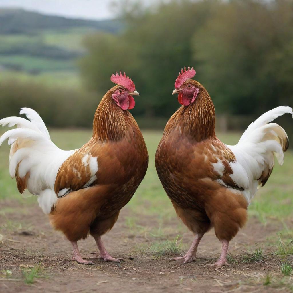 Two hens engaged in a spirited battle, their feathers fluffed, squawking loudly, expressing dominance in an energetic and detailed rural setting.