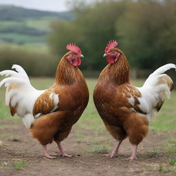 Two hens engaged in a spirited battle, their feathers fluffed, squawking loudly, expressing dominance in an energetic and detailed rural setting.