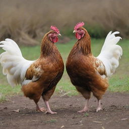 Two hens engaged in a spirited battle, their feathers fluffed, squawking loudly, expressing dominance in an energetic and detailed rural setting.