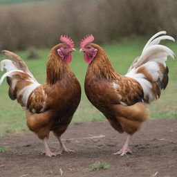 Two hens engaged in a spirited battle, their feathers fluffed, squawking loudly, expressing dominance in an energetic and detailed rural setting.