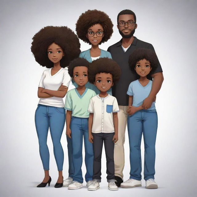 Generate an anime-styled illustration of a Nigerian family. The eldest is a bearded boy coder in jeans and a milk-colored shirt, second is an Afro-clad tech enthusiast boy in all-black attire with an iPhone. The third child is a plump medical doctor girl, cradling the youngest. The fourth is a stylish programmer boy with somewhat big hair. The fifth is a tall programmer boy in white and black, sporting headphones. Lastly, the sixth - another boy.