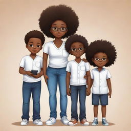 Generate an anime-styled illustration of a Nigerian family. The eldest is a bearded boy coder in jeans and a milk-colored shirt, second is an Afro-clad tech enthusiast boy in all-black attire with an iPhone. The third child is a plump medical doctor girl, cradling the youngest. The fourth is a stylish programmer boy with somewhat big hair. The fifth is a tall programmer boy in white and black, sporting headphones. Lastly, the sixth - another boy.