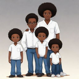 Generate an anime-styled illustration of a Nigerian family. The eldest is a bearded boy coder in jeans and a milk-colored shirt, second is an Afro-clad tech enthusiast boy in all-black attire with an iPhone. The third child is a plump medical doctor girl, cradling the youngest. The fourth is a stylish programmer boy with somewhat big hair. The fifth is a tall programmer boy in white and black, sporting headphones. Lastly, the sixth - another boy.