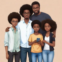 Generate an anime-styled illustration of a Nigerian family. The eldest is a bearded boy coder in jeans and a milk-colored shirt, second is an Afro-clad tech enthusiast boy in all-black attire with an iPhone. The third child is a plump medical doctor girl, cradling the youngest. The fourth is a stylish programmer boy with somewhat big hair. The fifth is a tall programmer boy in white and black, sporting headphones. Lastly, the sixth - another boy.