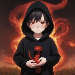 Anime little boy with captivating red eyes, dressed in a black hoodie, holding a red snake, surrounded by a blazing field.