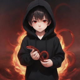 Anime little boy with captivating red eyes, dressed in a black hoodie, holding a red snake, surrounded by a blazing field.