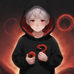 Anime little boy with captivating red eyes, dressed in a black hoodie, holding a red snake, surrounded by a blazing field.