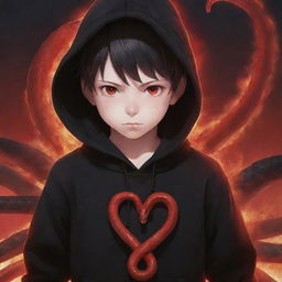 Anime little boy with captivating red eyes, dressed in a black hoodie, holding a red snake, surrounded by a blazing field.