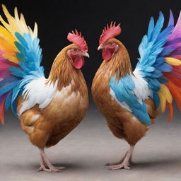 Two anime style hens engaged in a spirited battle, showcasing vibrant colors and dynamic action lines for emphasis on their movement