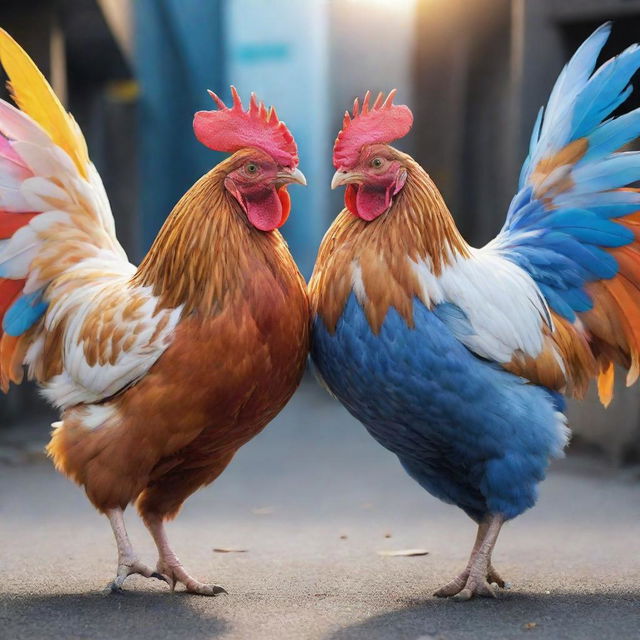 Two anime style hens engaged in a spirited battle, showcasing vibrant colors and dynamic action lines for emphasis on their movement