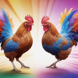 Two anime style hens engaged in a spirited battle, showcasing vibrant colors and dynamic action lines for emphasis on their movement