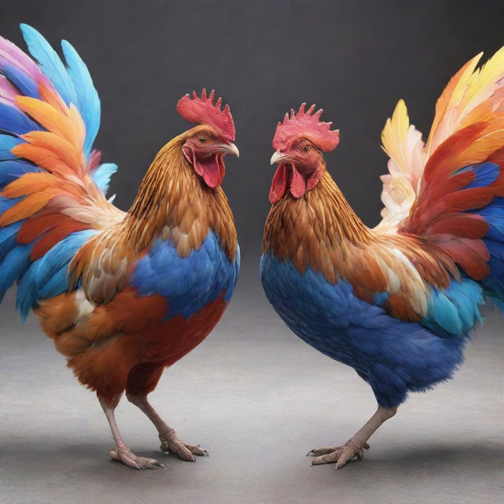 Two anime style hens engaged in a spirited battle, showcasing vibrant colors and dynamic action lines for emphasis on their movement