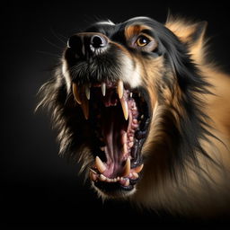 A fierce canine with bristling fur, bared teeth, and glaring eyes in a dynamic, high-tension scene.