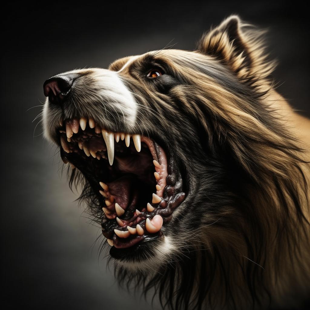 A fierce canine with bristling fur, bared teeth, and glaring eyes in a dynamic, high-tension scene.