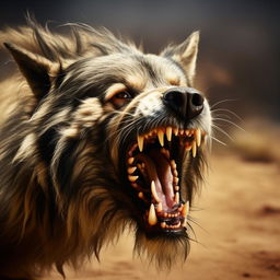 A fierce canine with bristling fur, bared teeth, and glaring eyes in a dynamic, high-tension scene.