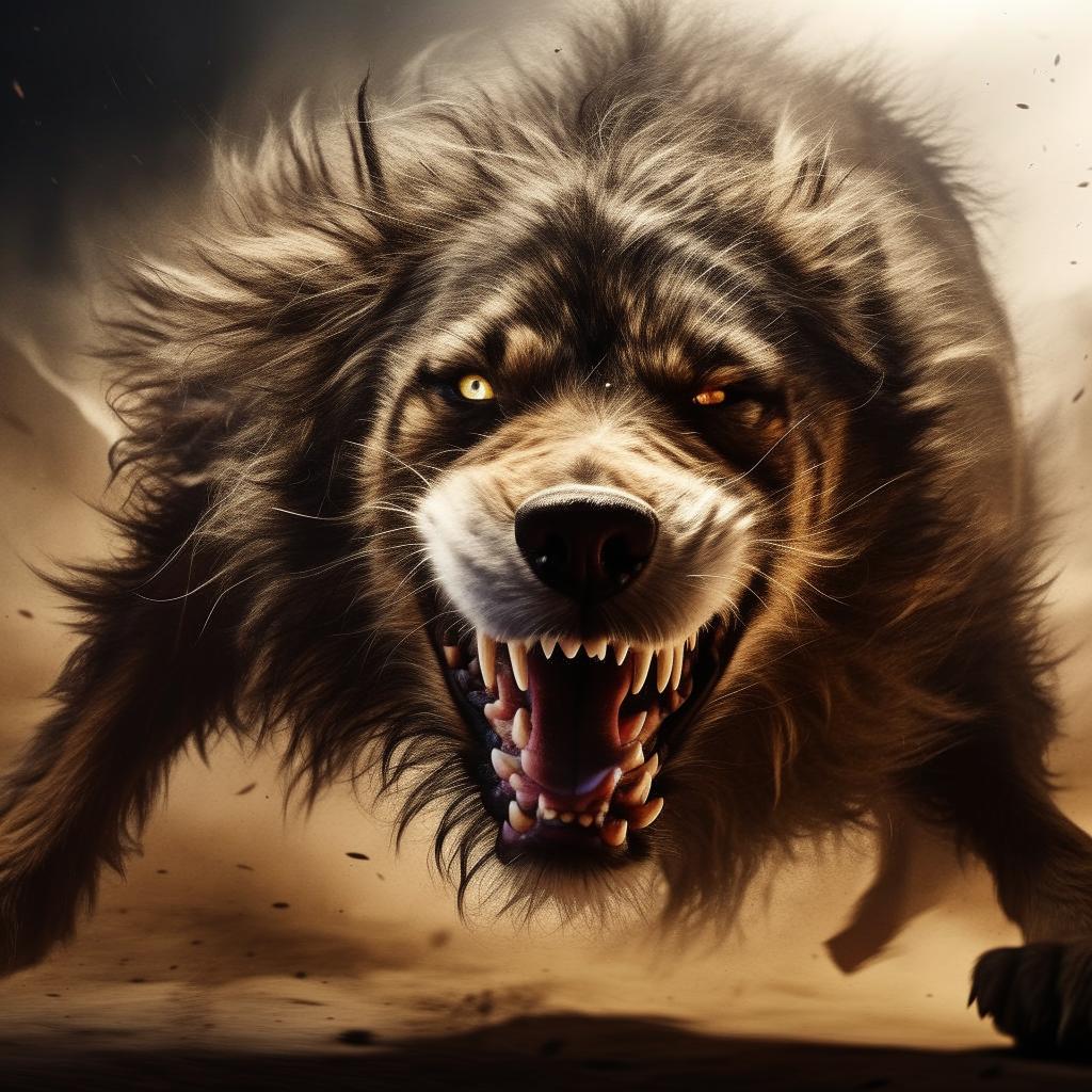 A fierce canine with bristling fur, bared teeth, and glaring eyes in a dynamic, high-tension scene.