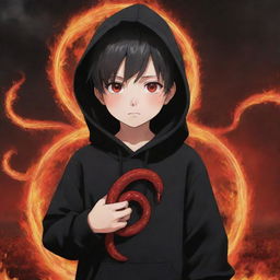 Anime little boy with radiant red eyes, donned in a black hoodie, clutching a red snake, in the midst of a fiery field.