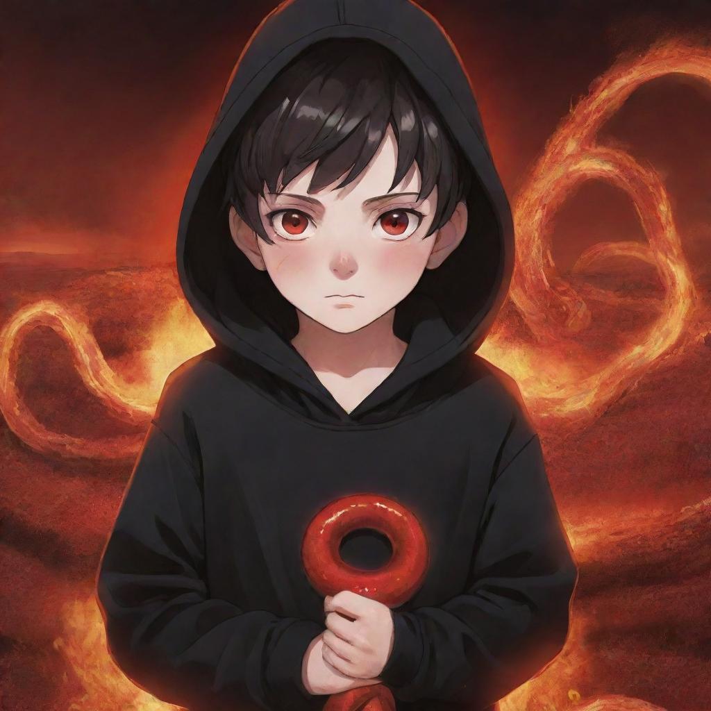 Anime little boy with radiant red eyes, donned in a black hoodie, clutching a red snake, in the midst of a fiery field.