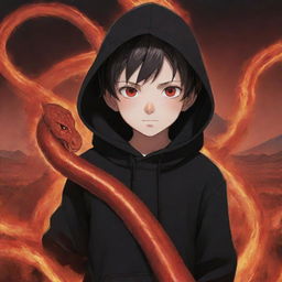 Anime little boy with radiant red eyes, donned in a black hoodie, clutching a red snake, in the midst of a fiery field.