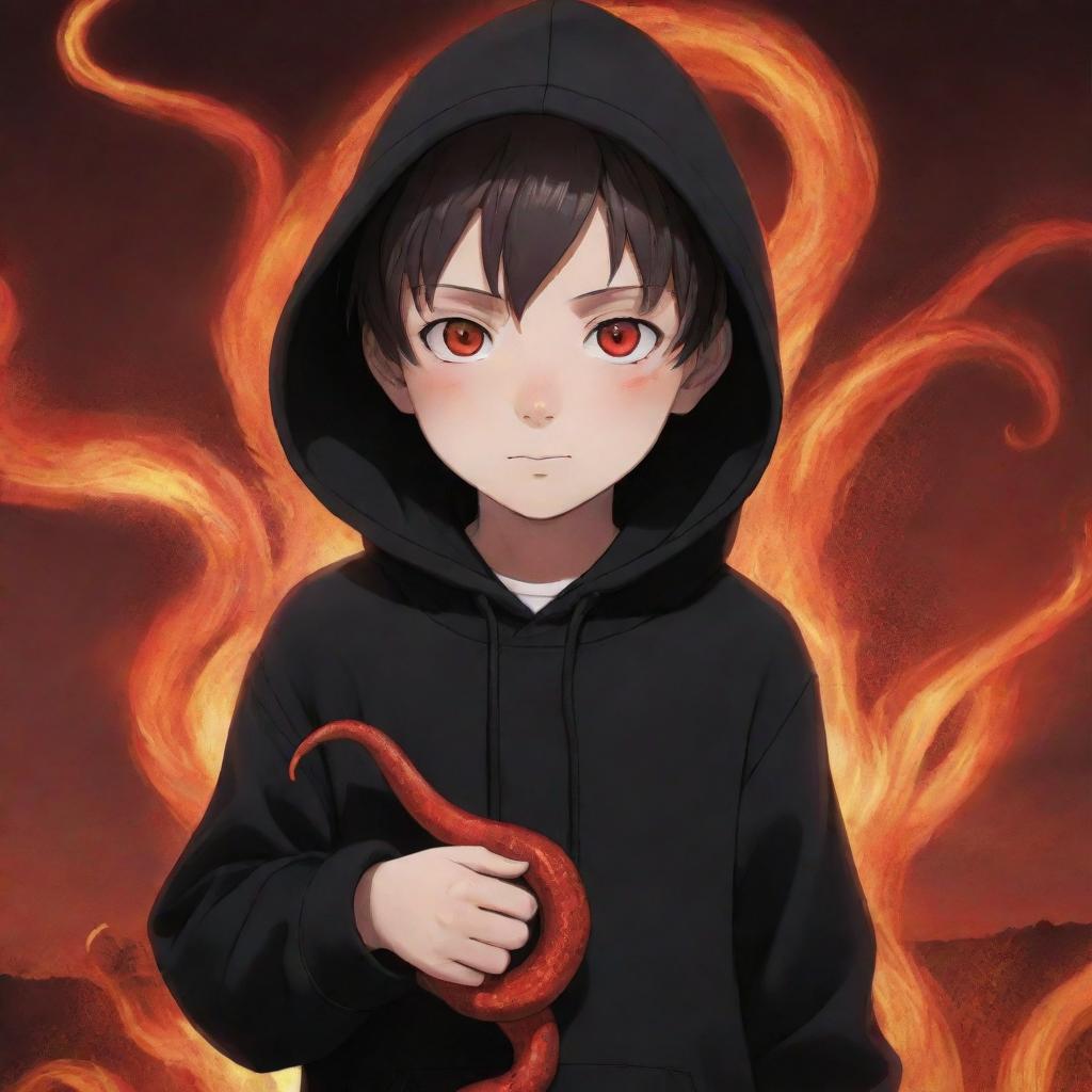 Anime little boy with radiant red eyes, donned in a black hoodie, clutching a red snake, in the midst of a fiery field.