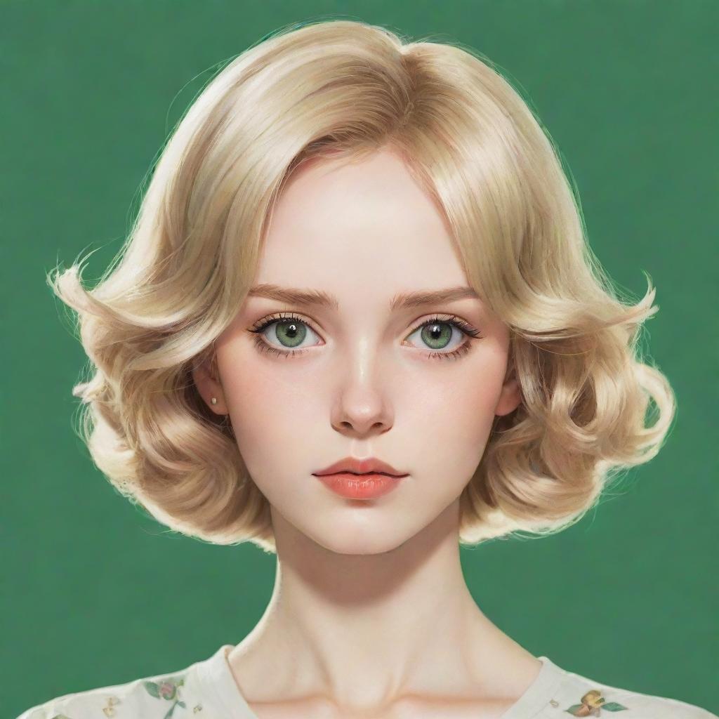 2D anime-style drawing of a vintage woman with blonde hair and green eyes.