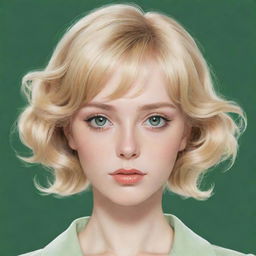 2D anime-style drawing of a vintage woman with blonde hair and green eyes.