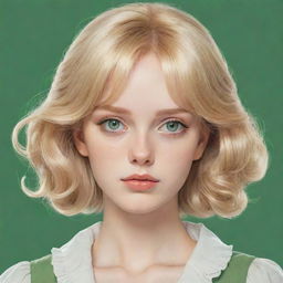 2D anime-style drawing of a vintage woman with blonde hair and green eyes.