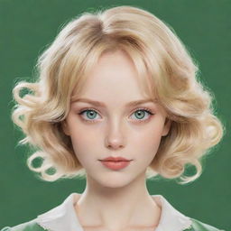 2D anime-style drawing of a vintage woman with blonde hair and green eyes.