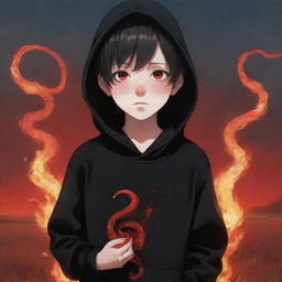 Anime little boy with brilliant red eyes, in a black hoodie with the print 'Flare' on it, holding a red snake, standing in a fiery field.