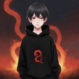 Anime little boy with brilliant red eyes, in a black hoodie with the print 'Flare' on it, holding a red snake, standing in a fiery field.