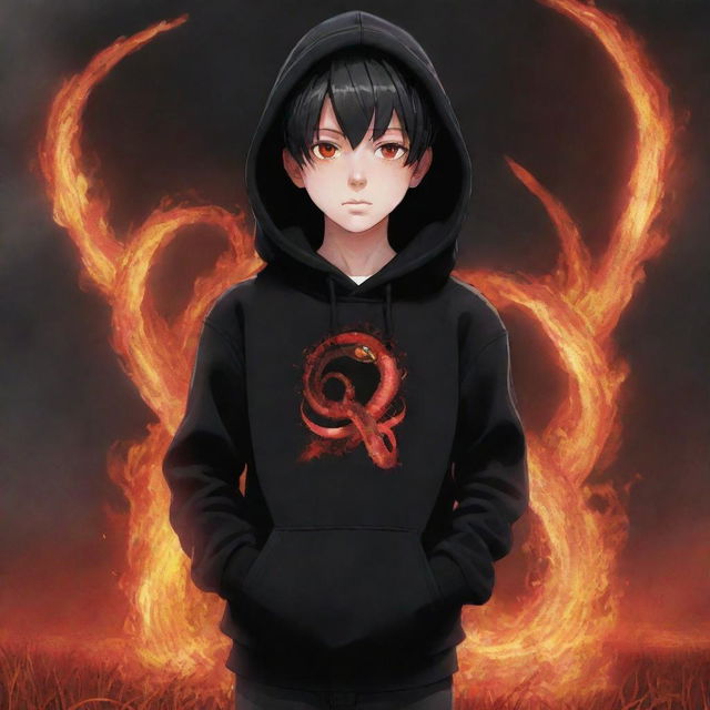 Anime little boy with brilliant red eyes, in a black hoodie with the print 'Flare' on it, holding a red snake, standing in a fiery field.