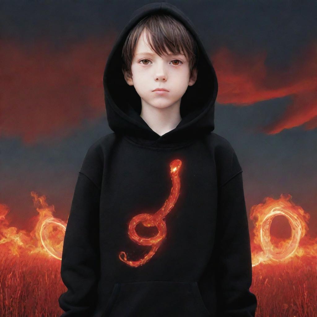 Anime little boy with brilliant red eyes, in a black hoodie with the print 'Flare' on it, holding a red snake, standing in a fiery field.