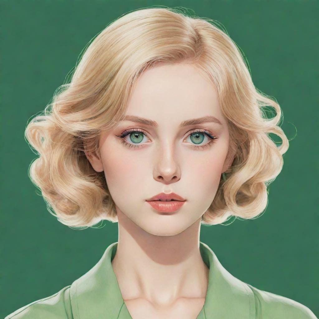 2D anime-style drawing of a vintage woman with blonde hair and green eyes.