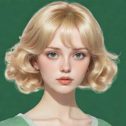 2D anime-style drawing of a vintage woman with blonde hair and green eyes.