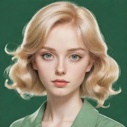 2D anime-style drawing of a vintage woman with blonde hair and green eyes.