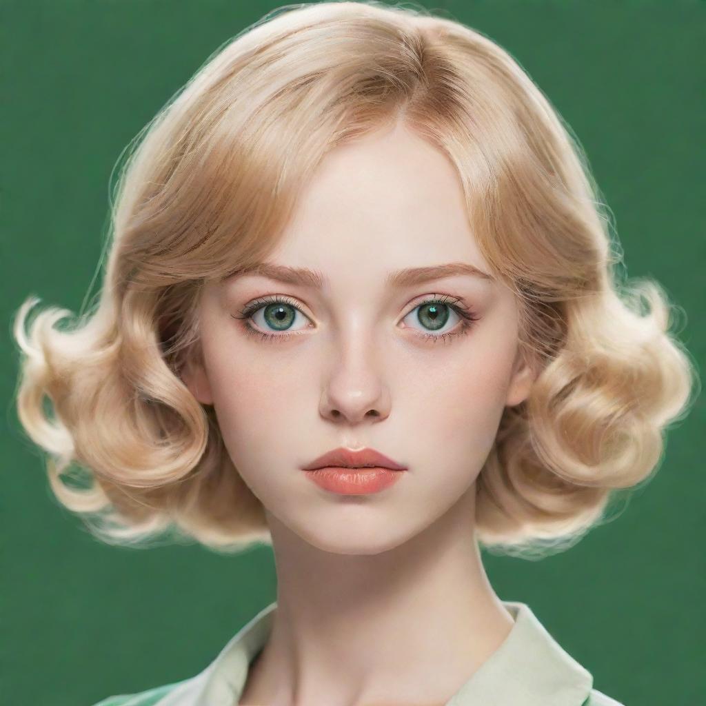 2D anime-style drawing of a vintage woman with blonde hair and green eyes.