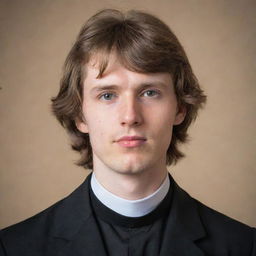 Portrait of a young priest with fluffy bangs, a mullet, and a beige clerical collar