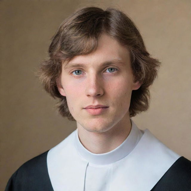 Portrait of a young priest with fluffy bangs, a mullet, and a beige clerical collar