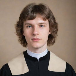 Portrait of a young priest with fluffy bangs, a mullet, and a beige clerical collar