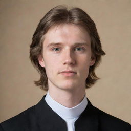 Portrait of a young priest with fluffy bangs, a mullet, and a beige clerical collar