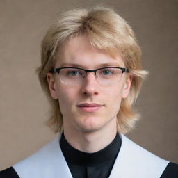 Portrait of a young priest with fluffy bangs, a blonde mullet, a clerical collar, and square glasses