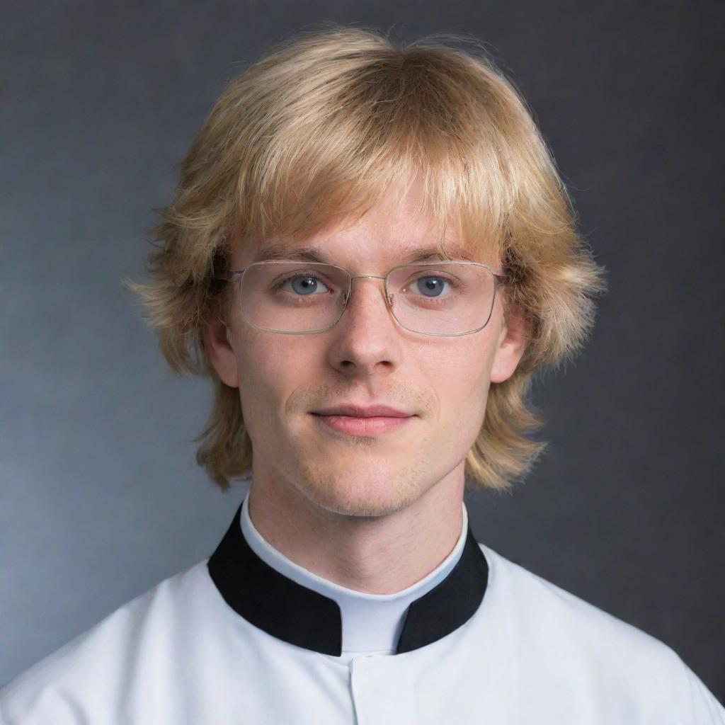 Portrait of a young priest with fluffy bangs, a blonde mullet, a clerical collar, and square glasses